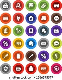 White Solid Icon Set- jar vector, pen, medal, personal information, pound, shorts, cereals, no hook, weight, barcode, message, low price signboard, smart home, protect, new, open, percent, buy