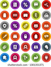 White Solid Icon Set- jar vector, pen, medal, personal information, muscule hand, shorts, cereals, no hook, weight, barcode, message, low price signboard, smart home, protect, new, percent, buy