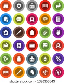 White Solid Icon Set- jar vector, pen, medal, personal information, muscule hand, shorts, cereals, no hook, weight, message, smart home, protect, new, percent, buy, barcode, coupon, power plug