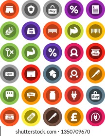 White Solid Icon Set- jar vector, pen, medal, personal information, pound, muscule hand, shorts, cereals, no hook, weight, barcode, message, low price signboard, home protect, new, open, percent