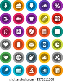 White Solid Icon Set- jar vector, cake, chicken leg, pen, microscope, world, graph, sand clock, arrow down, calendar, stopwatch, jump rope, t shirt, satellite, ship, car, protected, barcode, heart