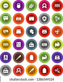 White Solid Icon Set- jar vector, pen, medal, personal information, muscule hand, shorts, cereals, no hook, weight, barcode, message, low price signboard, home protect, new, open, buy, coupon