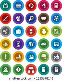 White Solid Icon Set- jug vector, school building, notebook pc, swimsuite, stairways run, map pin, attention, truck trailer, radio, tv, social media, magnifier, scissors, scalpel, sand clock, pills