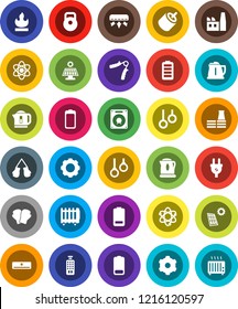White Solid Icon Set- kettle vector, atom, weight, hand trainer, boxing glove, gymnast rings, flammable, remote control, battery, rca, gear, solar panel, air conditioner, factory, power plug, heater