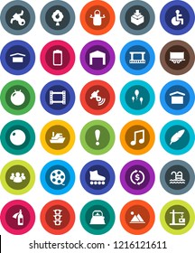 White Solid Icon Set- kettle vector, apron, pen, music, exchange, fitball, roller Skates, pool, attention, satellite, traffic light, ship, truck trailer, dry cargo, package, film frame, spool, group