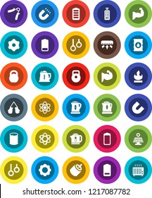 White Solid Icon Set- kettle vector, atom, magnet, weight, hand trainer, muscule, boxing glove, gymnast rings, flammable, oil barrel, remote control, battery, rca, gear, solar panel, air conditioner