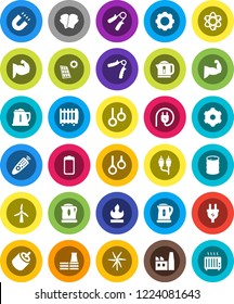 White Solid Icon Set- kettle vector, atom, magnet, hand trainer, muscule, boxing glove, gymnast rings, flammable, oil barrel, remote control, battery, rca, gear, solar panel, windmill, factory