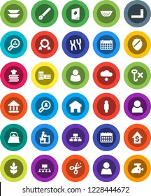 White Solid Icon Set- kettle vector, colander, cookbook, plates, pen, school building, corner ruler, student, medal, university, dollar growth, man, hierarchy, calendar, cereals, no hook, shield