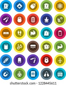 White Solid Icon Set- kettle vector, atom, magnet, weight, hand trainer, muscule, boxing glove, gymnast rings, flammable, oil barrel, remote control, battery, rca, solar panel, windmill, heater