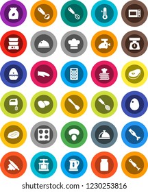 White Solid Icon Set- kettle vector, scales, cook hat, glove, timer, press, whisk, skimmer, spatula, ladle, rolling pin, grater, mixer, microwave oven, double boiler, cookbook, blender, thermometer