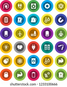 White Solid Icon Set- kettle vector, atom, magnet, weight, hand trainer, muscule, boxing glove, gymnast rings, oil barrel, battery, rca, gear, solar panel, windmill, factory, power plug, speaker