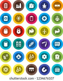 White Solid Icon Set- kettle vector, atom, magnet, weight, hand trainer, muscule, gymnast rings, flammable, oil barrel, remote control, battery, gear, solar panel, windmill, air conditioner, factory