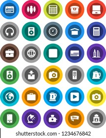 White Solid Icon Set- kettle vector, table lamp, calculator, world, case, clock, man, earth, calendar, dry cargo, package, camera, mobile phone, headphones, notebook pc, speaker, play button, stop