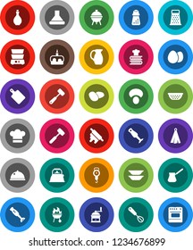 White Solid Icon Set- kettle vector, oil, colander, scales, cook hat, towel, whisk, rolling pin, meat hammer, cutting board, hand mill, grater, turk coffee, double boiler, cookbook, blender, bbq
