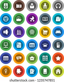 White Solid Icon Set- kettle vector, scales, annual report, target, calendar, dry cargo, package, speaker, tv, video camera, internet, mobile phone, headphones, notebook network, office building