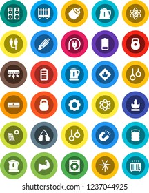 White Solid Icon Set- kettle vector, atom, magnet, weight, muscule hand, boxing glove, gymnast rings, flammable, oil barrel, remote control, battery, rca, gear, solar panel, windmill, power plug
