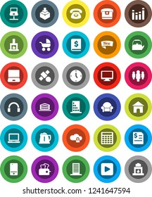 White Solid Icon Set- kettle vector, notebook pc, annual report, calculator, clock, man, satellite, package, equalizer, mobile phone, headphones, monitor, play button, network, cloud lock, fireplace