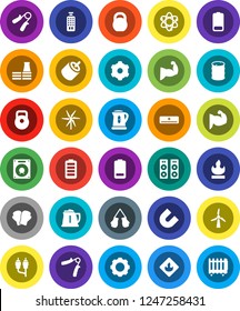 White Solid Icon Set- kettle vector, atom, magnet, weight, hand trainer, muscule, boxing glove, flammable, oil barrel, remote control, battery, rca, gear, windmill, air conditioner, factory, speaker