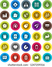 White Solid Icon Set- kettle vector, atom, magnet, hand trainer, muscule, boxing glove, gymnast rings, flammable, oil barrel, battery, rca, solar panel, windmill, air conditioner, factory, speaker