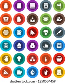 White Solid Icon Set- kettle vector, apron, cook glove, towel, timer, press, knife, rolling pin, cutting board, mixer, oven, plates, jug, sieve, dish, jar, cereal, mushroom, cake, oil, meat grinder