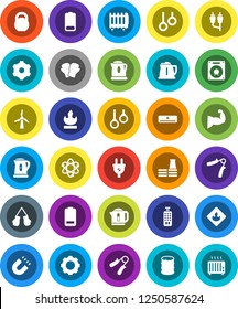 White Solid Icon Set- kettle vector, atom, magnet, weight, hand trainer, muscule, boxing glove, gymnast rings, flammable, oil barrel, remote control, battery, rca, gear, windmill, air conditioner