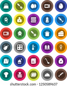 White Solid Icon Set- kettle vector, scales, towel, skimmer, ladle, hand mill, toaster, microwave oven, cookbook, spices, blender, thermometer, bbq, plates, dish, cereal, egg, pasta, mushroom, cake