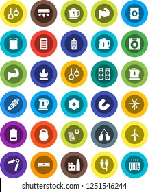 White Solid Icon Set- kettle vector, magnet, weight, hand trainer, muscule, boxing glove, gymnast rings, flammable, oil barrel, remote control, battery, rca, gear, solar panel, windmill, factory