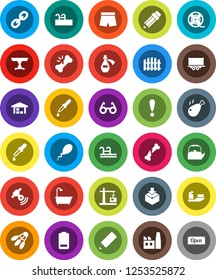 White Solid Icon Set- kettle vector, chicken leg, pencil, glasses, shorts, shuttlecock, attention, ship, truck trailer, package, film spool, satellitie, link, battery, dropper, broken bone, potion