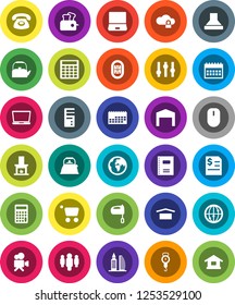 White Solid Icon Set- kettle vector, scales, mixer, copybook, annual report, calculator, man, calendar, stadium, earth, dry cargo, settings, video camera, internet, notebook pc, cloud lock, barn