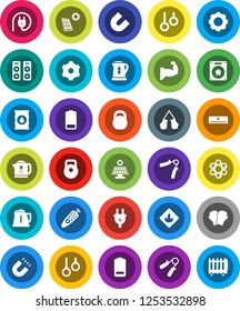 White Solid Icon Set- kettle vector, atom, magnet, weight, hand trainer, muscule, boxing glove, gymnast rings, flammable, oil barrel, remote control, battery, gear, solar panel, air conditioner