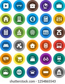 White Solid Icon Set- kettle vector, scales, glasses, case, table lamp, calculator, skateboard, target, stadium, earth, satellite, calendar, dry cargo, settings, play button, hdmi, notebook network