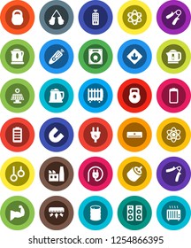 White Solid Icon Set- kettle vector, atom, magnet, weight, hand trainer, muscule, boxing glove, gymnast rings, flammable, oil barrel, remote control, battery, rca, solar panel, air conditioner