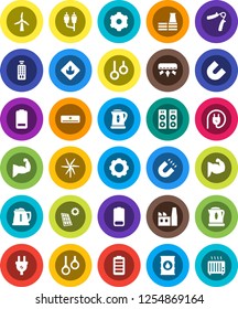 White Solid Icon Set- kettle vector, magnet, hand trainer, muscule, gymnast rings, flammable, oil barrel, remote control, battery, rca, gear, solar panel, windmill, air conditioner, factory, speaker