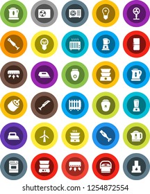 White Solid Icon Set- kettle vector, oven, double boiler, blender, rca, windmill, air conditioner, ari condition, fridge, iron, multi cooker, epilator, fan, heater, bulb, fireplace