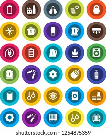 White Solid Icon Set- kettle vector, atom, weight, hand trainer, boxing glove, gymnast rings, flammable, oil barrel, remote control, battery, rca, gear, solar panel, windmill, air conditioner