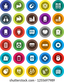 White Solid Icon Set- kettle vector, atom, magnet, weight, muscule hand, boxing glove, gymnast rings, flammable, oil barrel, battery, rca, gear, solar panel, air conditioner, factory, power plug