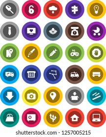 White Solid Icon Set- kettle vector, scales, arrow down, tie, safe, stairways run, heart monitor, signpost, traking, camera, gamepad, syringe, dropper, amkbulance car, network, bench, cloud upload