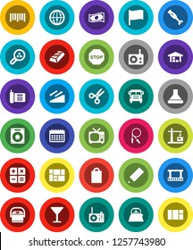 White Solid Icon Set- kettle vector, blender, pencil, scissors, school bus, flag, gold ingot, cash, jump rope, calendar, stairways run, phone, consolidated cargo, glass, barcode, film frame, radio