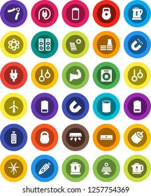 White Solid Icon Set- kettle vector, atom, magnet, weight, hand trainer, muscule, gymnast rings, oil barrel, remote control, battery, rca, solar panel, windmill, air conditioner, factory, power plug