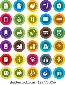 White Solid Icon Set- kettle vector, atom, magnet, weight, hand trainer, muscule, boxing glove, gymnast rings, battery, rca, gear, solar panel, windmill, air conditioner, factory, power plug, heater
