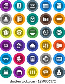 White Solid Icon Set- kettle vector, table lamp, calculator, world, annual report, clock, skateboard, calendar, settings, tv, video camera, speaker, hdmi, globe, barn, office building, phone, new