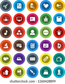 White Solid Icon Set- kettle vector, apron, mixer, blender, cereal, potato, microscope, calculator, certificate, music, dollar growth, annual report, bank building, safe, scales, pills vial, barcode