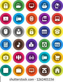 White Solid Icon Set- kettle vector, scales, glasses, table lamp, calculator, music, case, man, calendar, stadium, package, camera, monitor, notebook pc, stop button, lock, phone, cart, toaster
