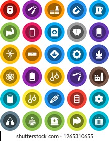 White Solid Icon Set- kettle vector, atom, magnet, weight, hand trainer, muscule, boxing glove, gymnast rings, flammable, oil barrel, remote control, battery, gear, solar panel, windmill, factory