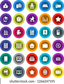 White Solid Icon Set- kettle vector, mixer, table lamp, calculator, exchange, case, annual report, stadium, equalizer, tv, video camera, mobile phone, office building, cushioned furniture, fireplace