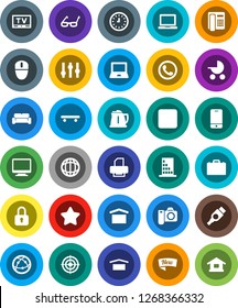 White Solid Icon Set- kettle vector, glasses, case, notebook pc, world, clock, skateboard, target, dry cargo, settings, tv, internet, mobile phone, stop button, hdmi, cushioned furniture, building