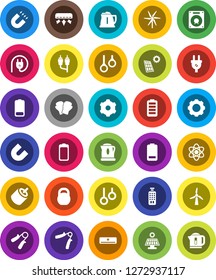 White Solid Icon Set- kettle vector, atom, magnet, weight, hand trainer, boxing glove, gymnast rings, remote control, battery, rca, gear, solar panel, windmill, air conditioner, power plug, speaker