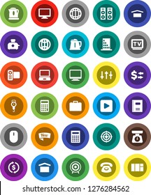 White Solid Icon Set- kettle vector, scales, copybook, calculator, world, exchange, case, target, dry cargo, settings, tv, video camera, monitor, play button, globe, building, phone, new, toaster