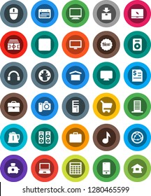 White Solid Icon Set- kettle vector, music, world, case, annual report, calculator, stadium, calendar, dry cargo, package, internet, mobile phone, headphones, monitor, notebook pc, speaker, building