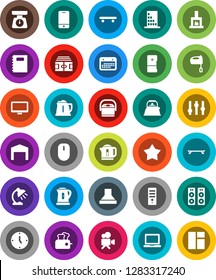 White Solid Icon Set- kettle vector, scales, mixer, copybook, table lamp, notebook pc, clock, stadium, skateboard, calendar, settings, video camera, mobile phone, monitor, barn, fireplace, building